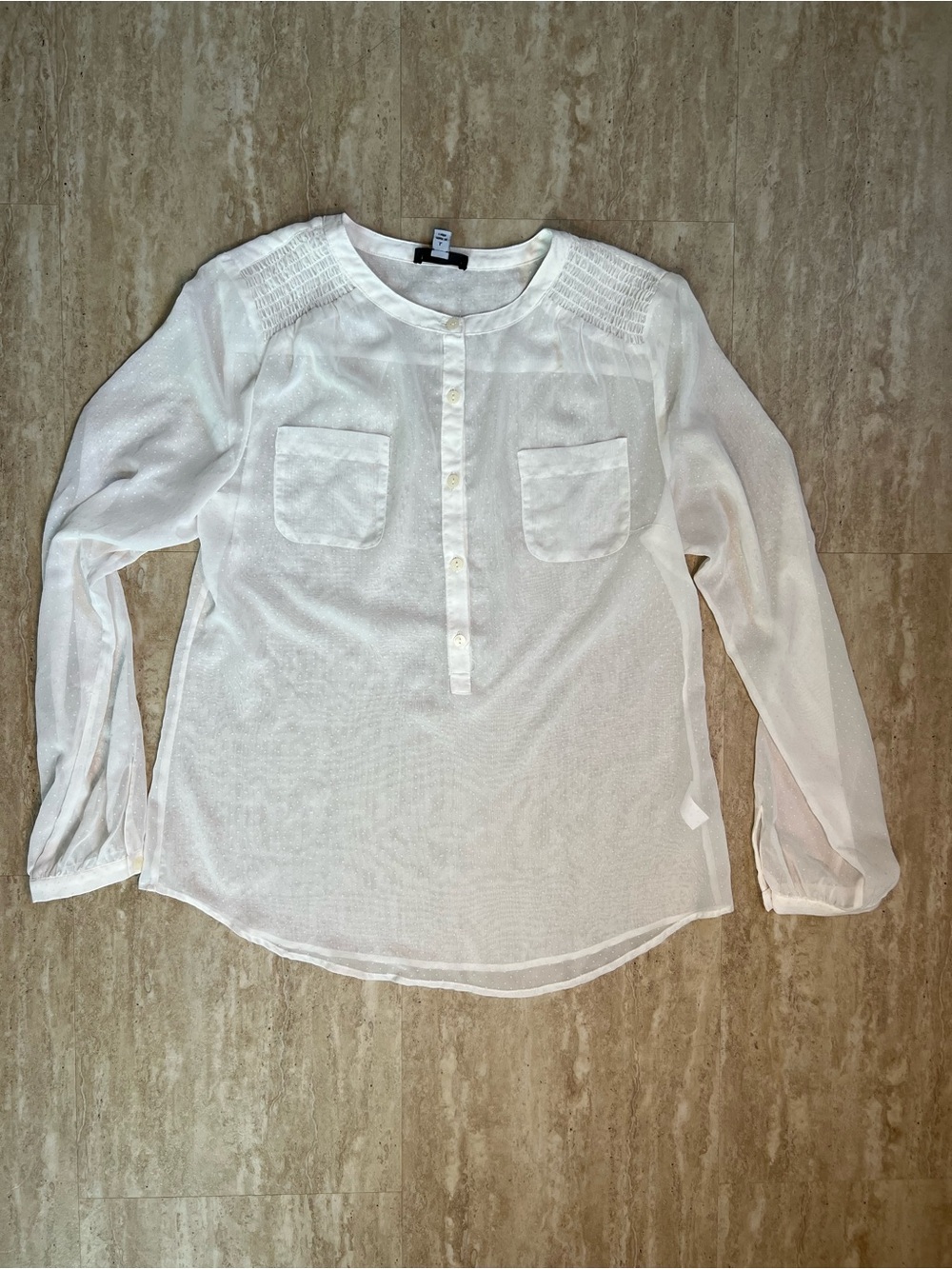 Willi Smith Swiss Dot Semi Sheer Long Sleeve Button Placket Blouse Collarless L